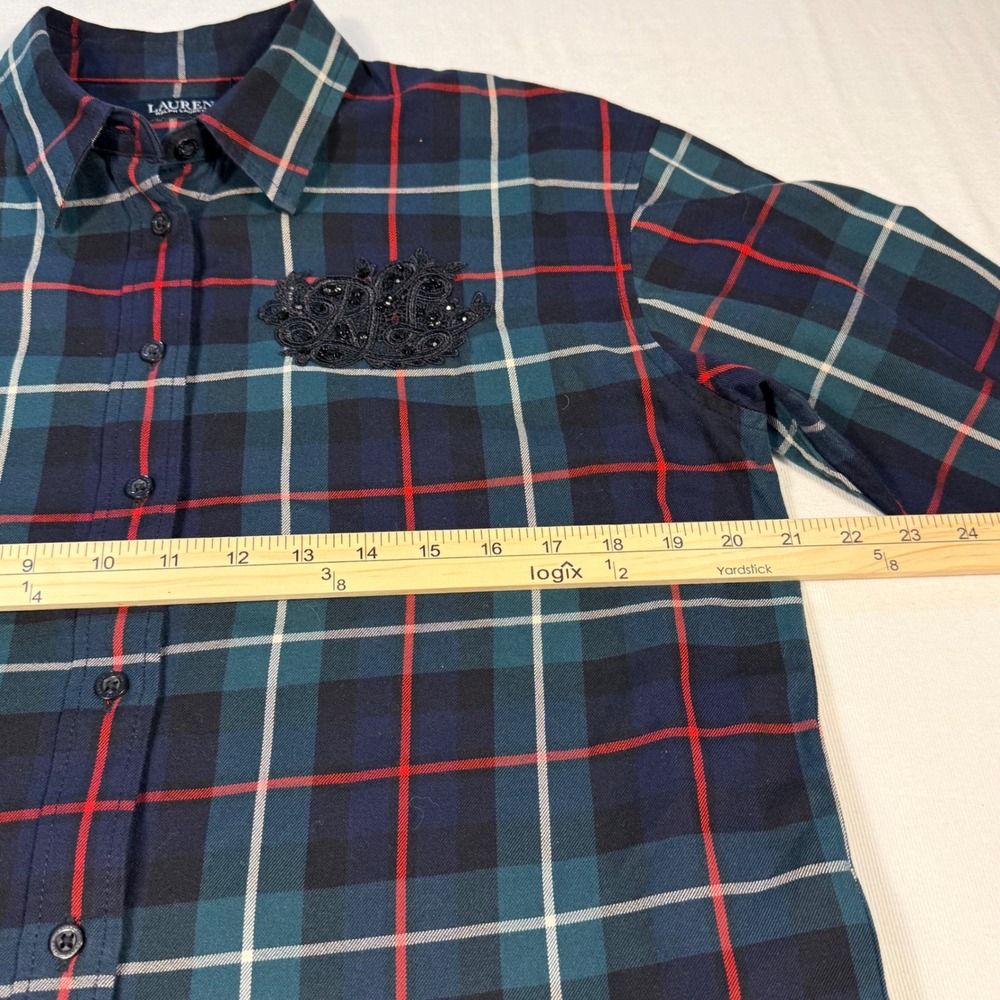 Lauren Ralph Lauren Womens M Plaid Monogram Button Down Dark Academia Preppy - Picture 4 of 16